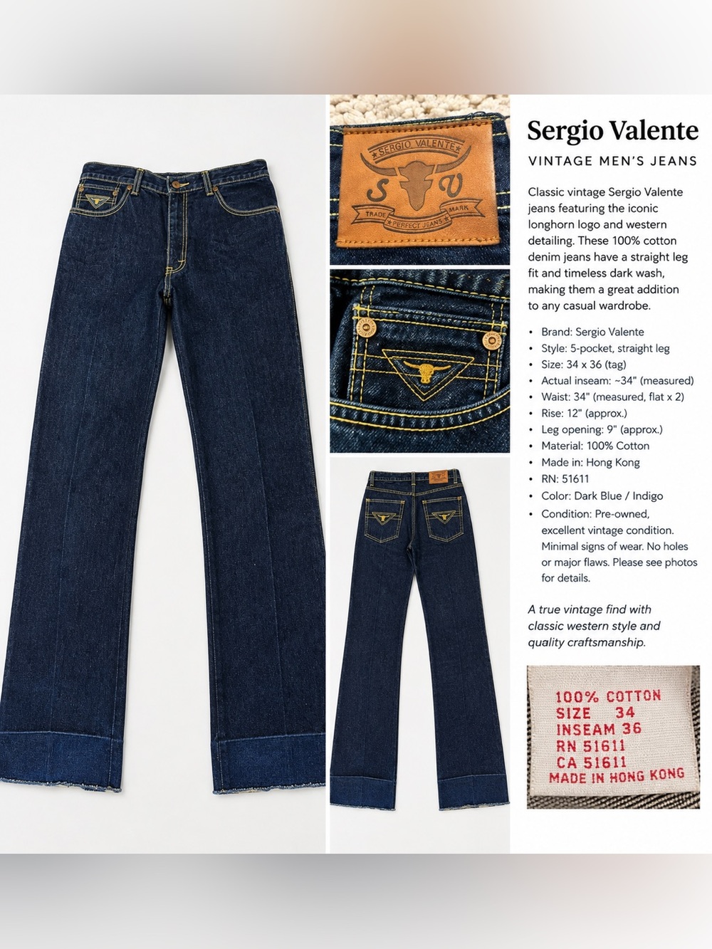 Vintage Sergio Valente Jeans 34x36 never hemmed dark blue Rare Vintage Excellent
